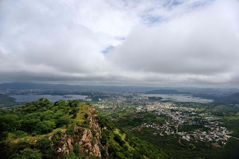 View of Udaipur city and its famous lakes from the hilltop Monsoon Palace