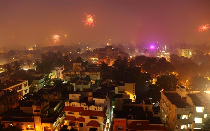 Fireworks over the city skyline to celebrate Diwali