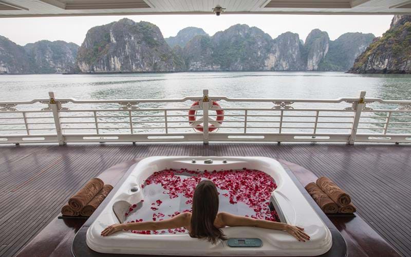 Enjoying the views of Halong Bay from the on board jacuzzi on the Au Co ship