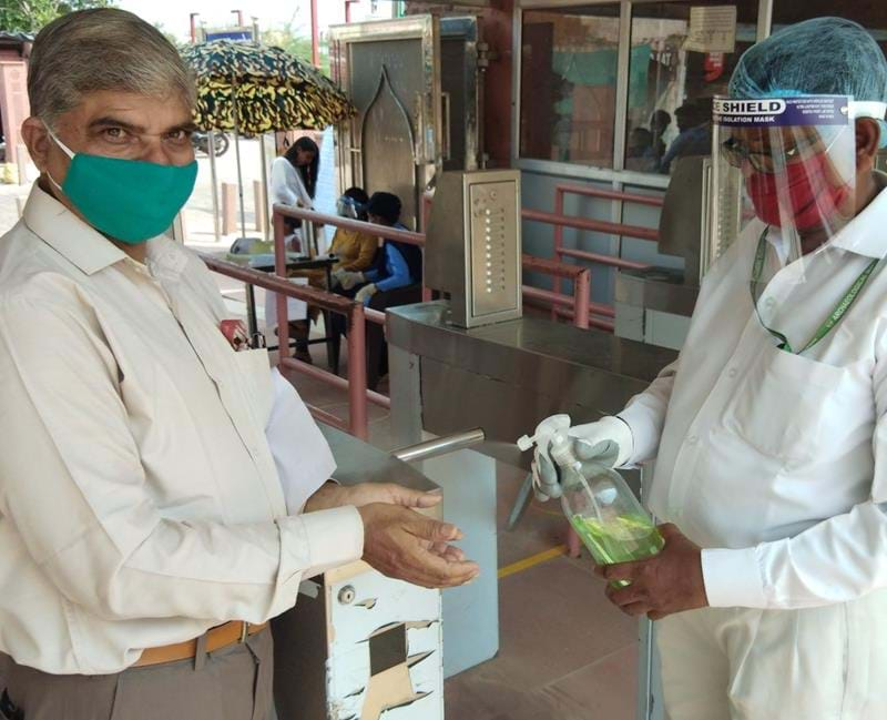 Hand sanitising stations at the Taj Mahal